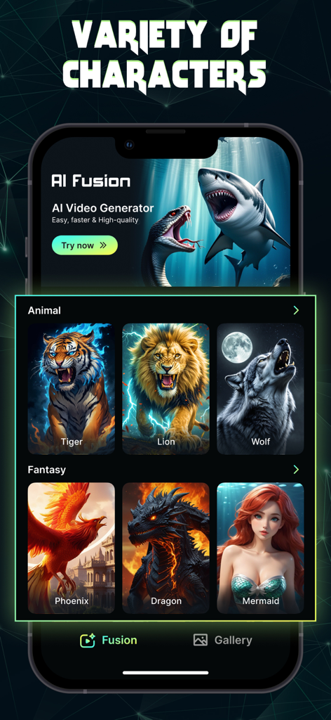 AI Fusion: Merge Character - Screenshot of the AI Fusion app showing a selection of animal and fantasy characters like a tiger lion dragon and mermaid