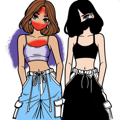 two girls with crop top with baggy pants