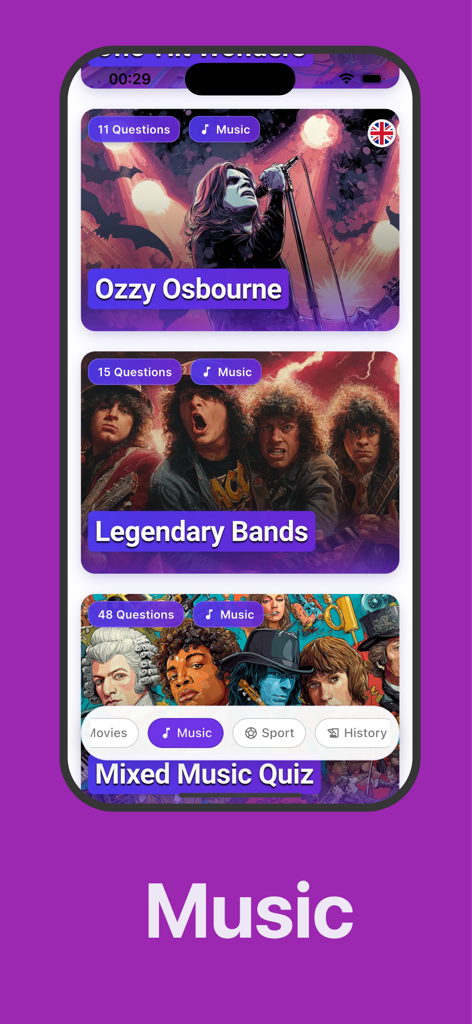 Quiz from Quizery - Captura de pantalla de las categorías de trivia musical en la aplicación Quiz de Quizery, incluyendo Ozzy Osbourne y Bandas Legendarias