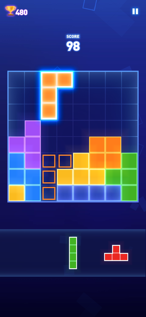 Block Puzzle - Brain Test Game - Mobile gameplay of a block puzzle brain test with colorful blocks being placed on a blue grid
