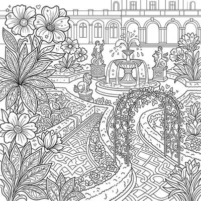 Immerse yourself in the majestic beauty of a palace garden with this detailed coloring template. Featuring ornate architecture, grand fountains, and lush flora, it promises a truly regal coloring adventure.