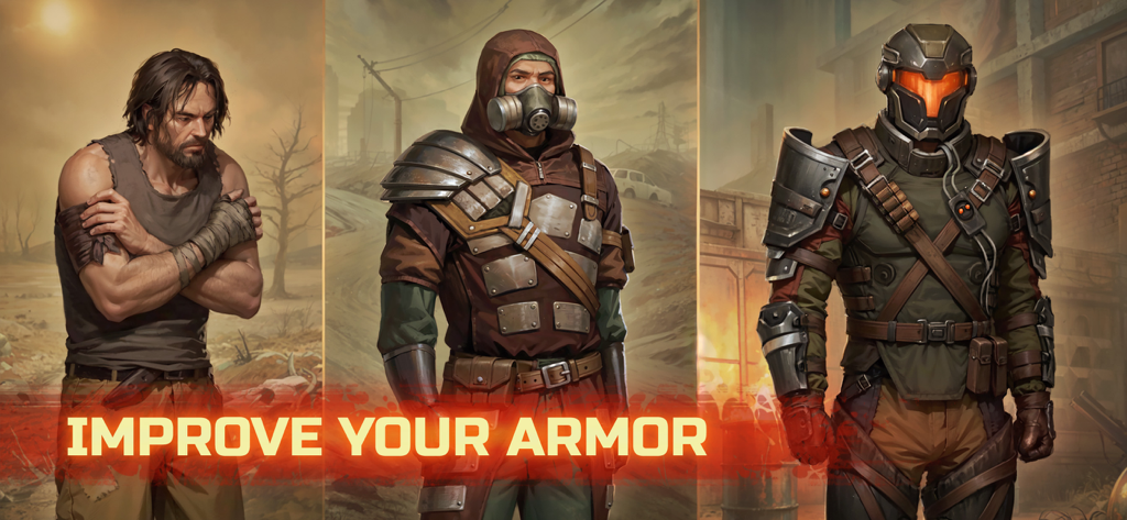 Day R Premium: Survival RPG - A character evolving from a simple survivor to a fully armored warrior in Day R Premium.