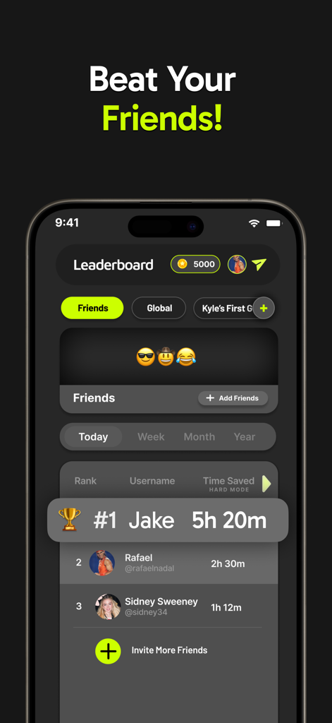 LockBox- Screentime Tool - A interface do quadro de líderes do aplicativo LockBox exibindo classificações de tempo de foco entre amigos
