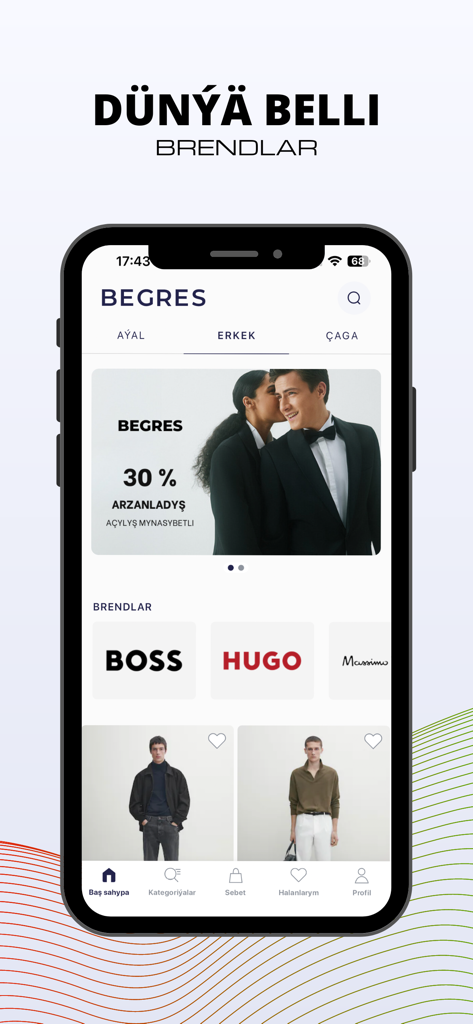 BEGRES - BEGRES mobile app home screen showing luxury brands Boss and Hugo with menswear fashion collections