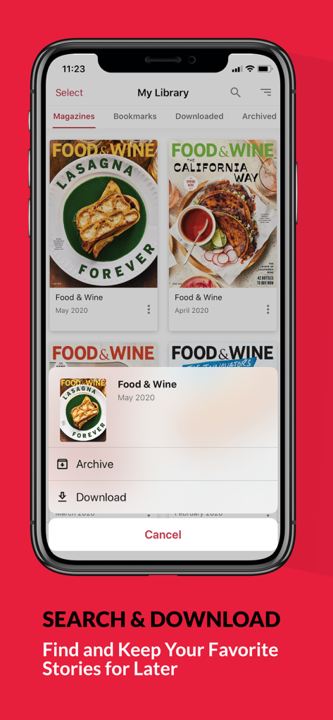 FOOD & WINE - Tela da biblioteca do aplicativo Food and Wine mostrando edições digitais de revistas e opções de download