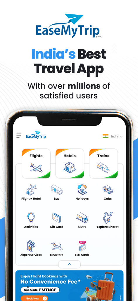 EaseMyTrip mobile app home screen showing booking services for flights, hotels, and trains in India with a no convenience fee offer.