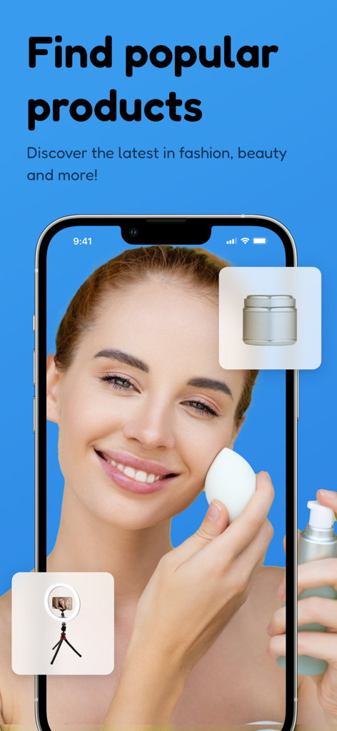 Interfaz de la aplicación Kupyo que muestra un listado de video de una mujer usando productos de belleza para encontrar artículos populares de moda y cuidado de la piel