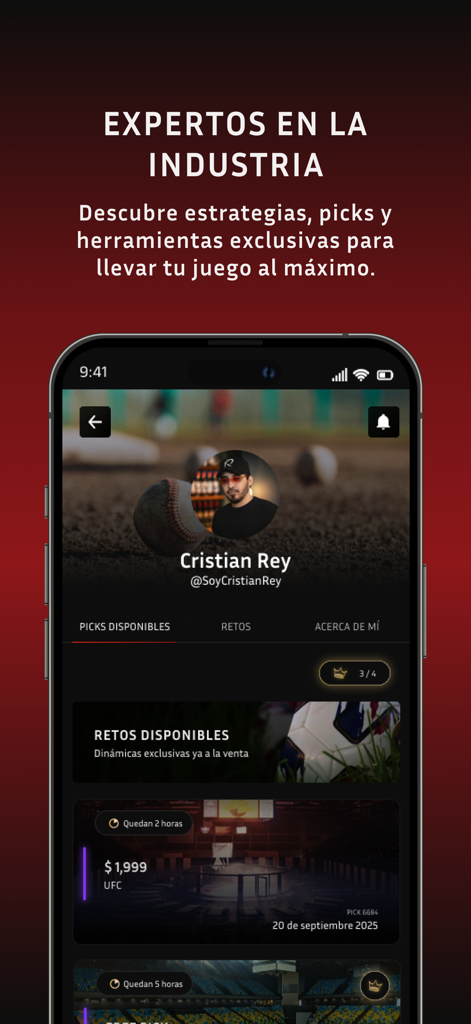 Mobile interface of the Los Reyes app showcasing sports betting picks and expert profiles