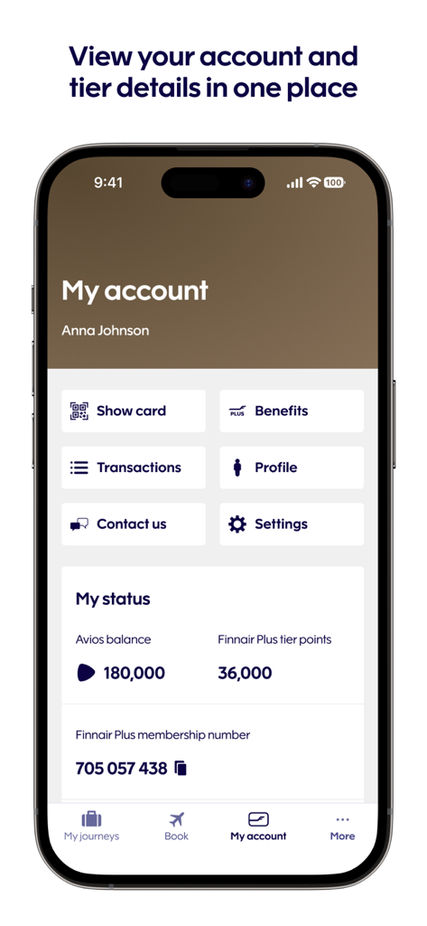 Página Mi Cuenta de la app Finnair que muestra el estado de membresía del usuario y el saldo de Avios