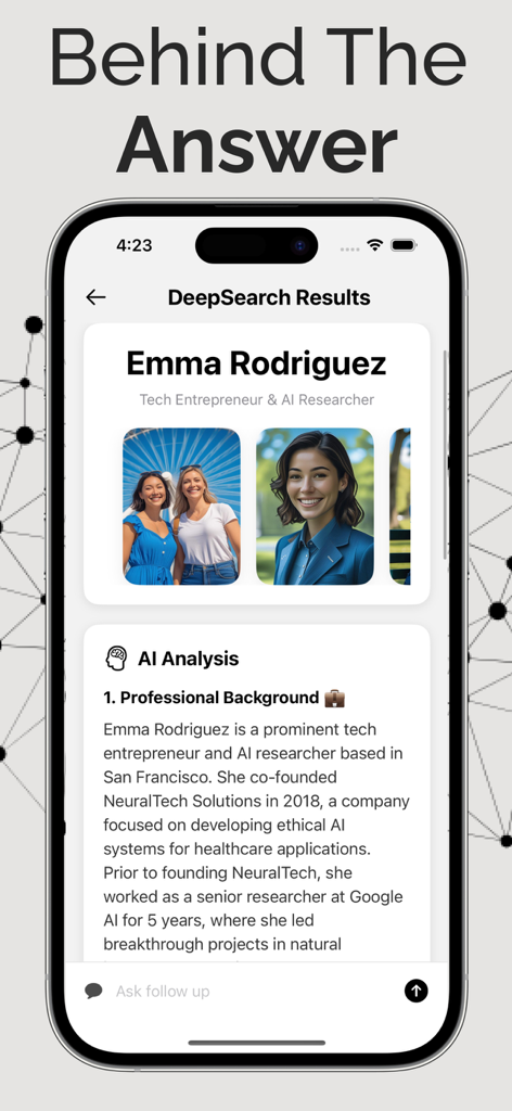 DeepSearch AI - Person Search - A mobile app interface showing AI-generated search results and professional background for a person named Emma Rodriguez