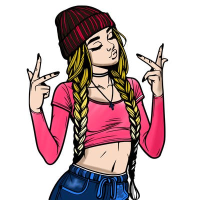 realistic teenage girl with braids and a beanie and crop top doing 🫶🏼