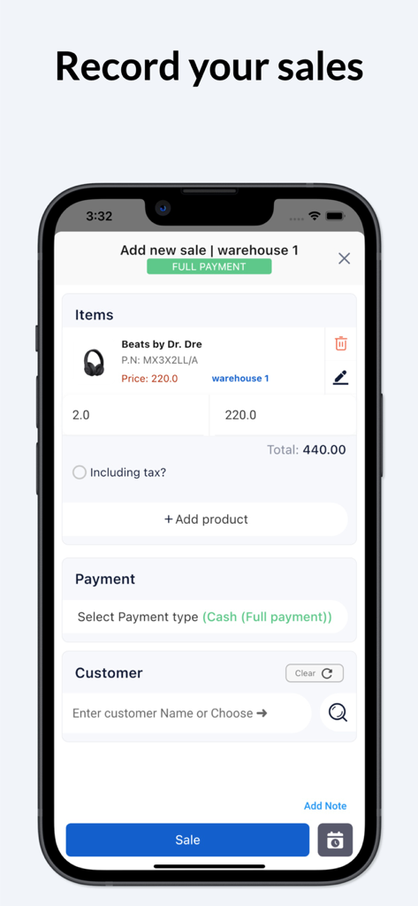 Naye Inventory Management App - Mobile app interface of Naye Inventory Management showing the record your sales screen with item details and payment options
