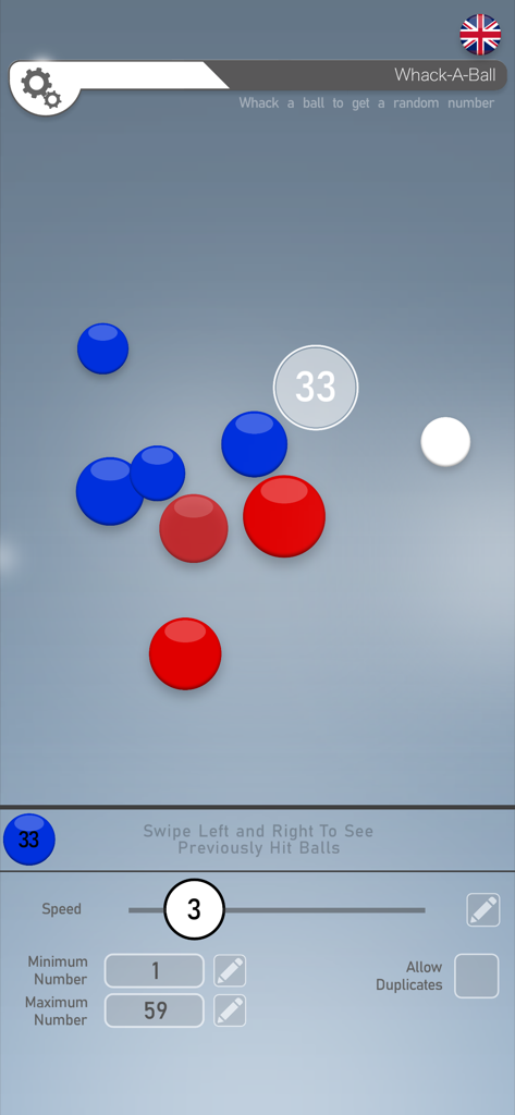 Random Number App - Recurso Whack-A-Ball no App de Números Aleatórios mostrando bolas coloridas saltitantes para gerar números aleatórios