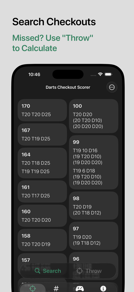 Darts Checkout Scorer - A professional dart checkout table showing finish routes for various scores