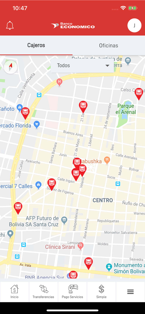 Banco Económico - Visualização de mapa no aplicativo móvel Banco Economico mostrando locais de caixas eletrônicos em Santa Cruz, Bolívia