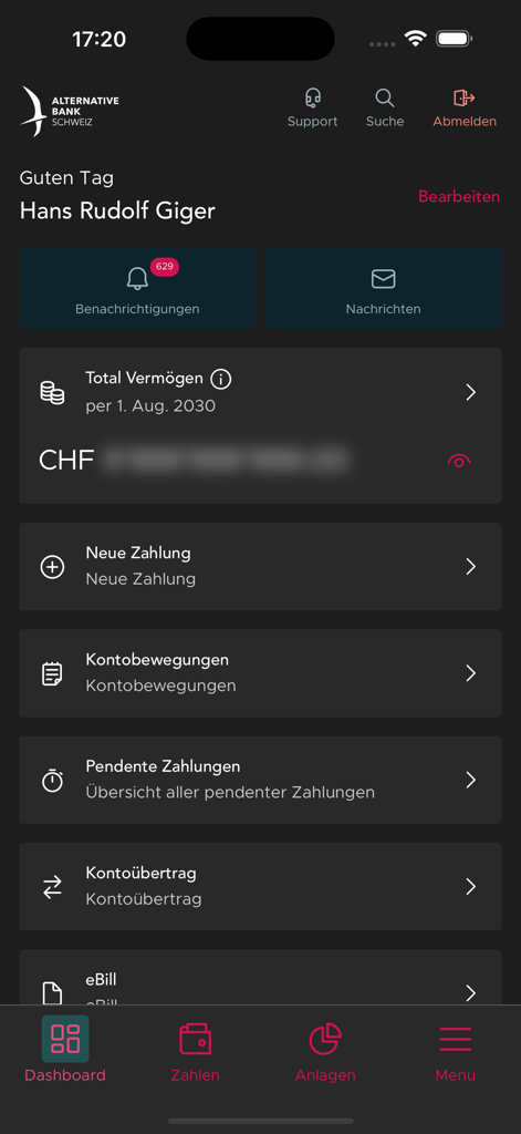 Painel do aplicativo ABS Banking Neu mostrando a visão geral da conta, ativos totais e opções de pagamento em alemão