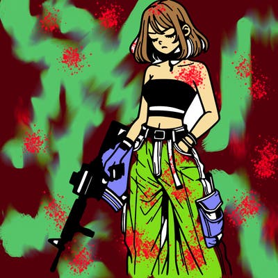a dangerous girlcrop top and baggy jeans with a rifle in her hand