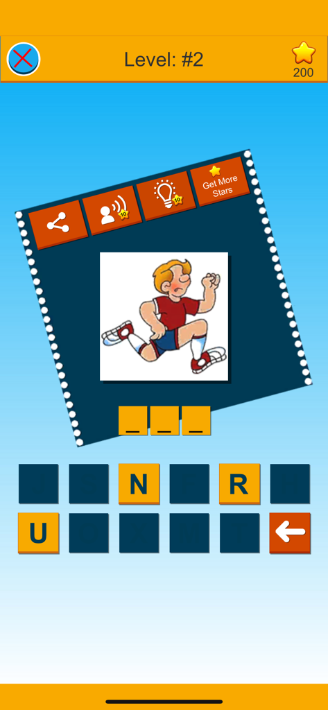 Simple Spelling Game - A spelling game level interface featuring a cartoon boy running and letter tiles for the word run