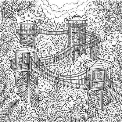 Ascend to new heights with this captivating coloring page featuring magnificent Tree-Top Walkway Towers. Immerse yourself in the serene beauty of the forest canopy as you bring this intricate aerial adventure to life with your favorite colors.