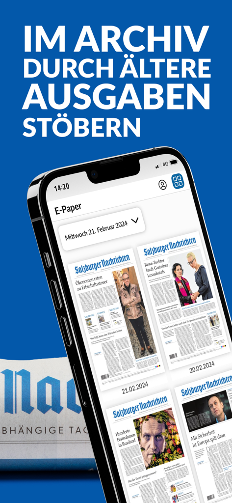 Salzburger Nachrichten - Smartphone displaying the Salzburger Nachrichten app archive feature for digital newspaper issues