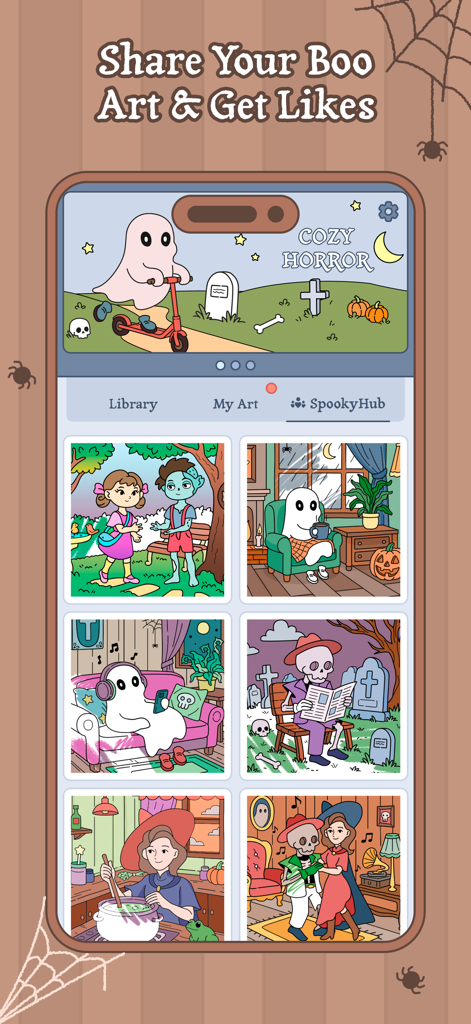 Boo Coloring Book: Cozy Horror - The SpookyHub social gallery in the Boo Coloring Book app showing colored drawings of cute ghosts and monsters