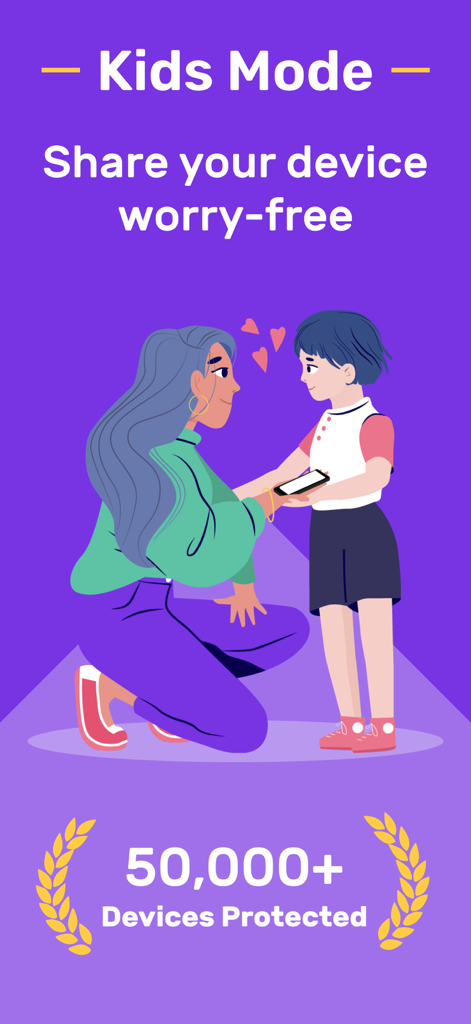 Una madre consegna il suo smartphone a sua figlia con il testo Modalità Bambini Condividi il tuo dispositivo senza preoccupazioni e oltre 50.000 dispositivi protetti.