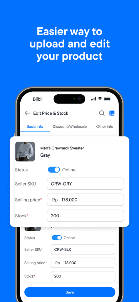 Blibli Seller Center - Mobile interface of Blibli Seller Center app showing product price and stock editing screen