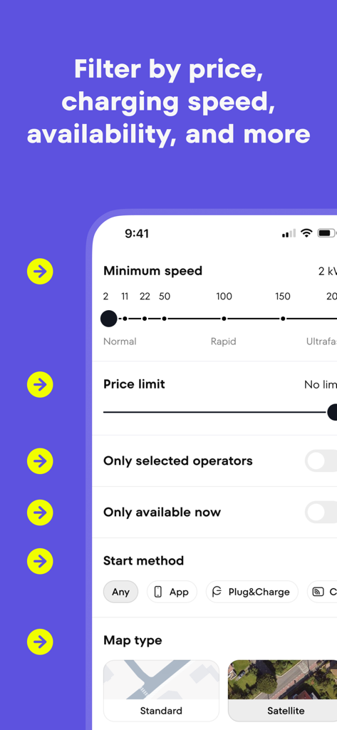 Plugsurfing app interface showing filters for EV charging speed price and availability