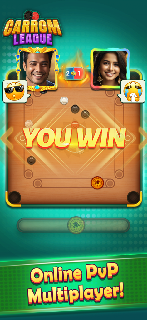 Winning screen of an online PvP match in Carrom League board game.