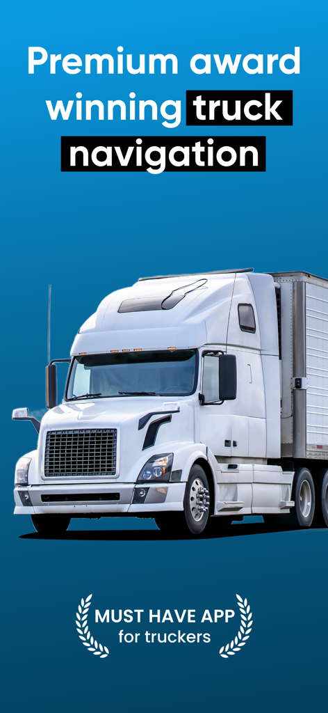 TomTom GO Expert: Truck GPS - Ein weißer Sattelzug auf blauem Hintergrund, der eine Premium-Preis-prämierte LKW-Navigations-App bewirbt