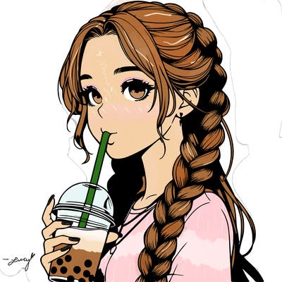 realistic girl with braided hair drinking boba