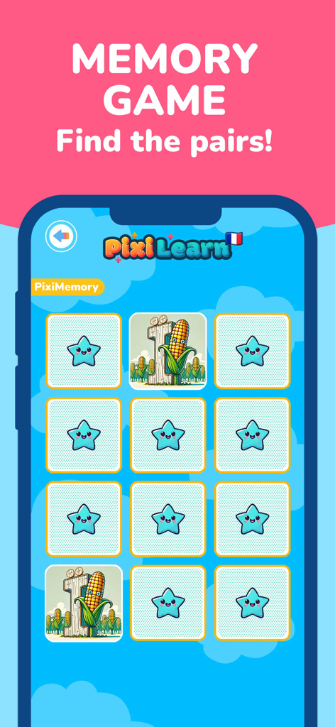 PixiLearn - French FlashCards - Interfaz del juego PixiMemory que muestra la coincidencia de cartas para niños que aprenden francés