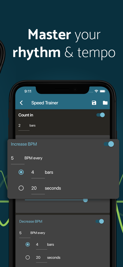 Metronome Beats Pro - Metronome Beats Pro app interface showing the Speed Trainer settings for rhythm and tempo adjustment