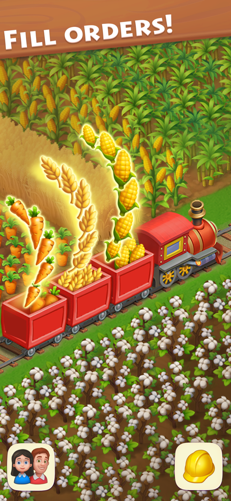 Red train being loaded with farm crops to fill orders in Township