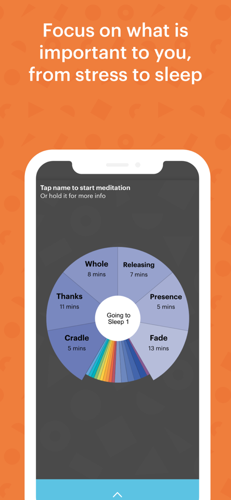 Buddhify app interface showing a colorful wheel for selecting timed meditation sessions for sleep