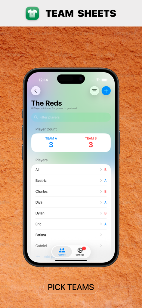 Team Sheets - Team Sheets app interface showing a list of players assigned to two different teams