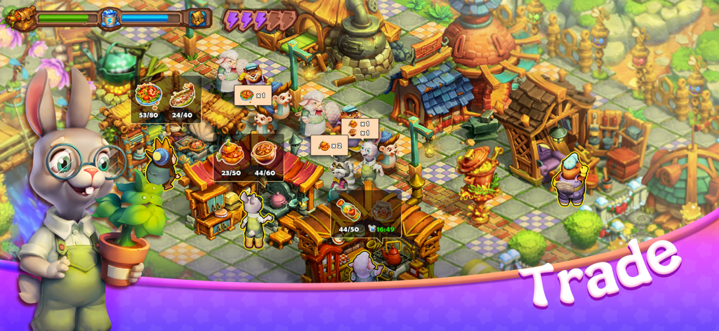 Hedgies - Eine bunte Szene aus dem Hedgies-Spiel, die einen Hasen-Charakter und einen belebten Marktplatz zeigt, auf dem verschiedene Tiere Waren handeln.