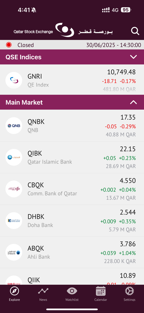 Interface of the QSE Market Watch app showing a list of stock prices and indices from the Qatar Stock Exchange.