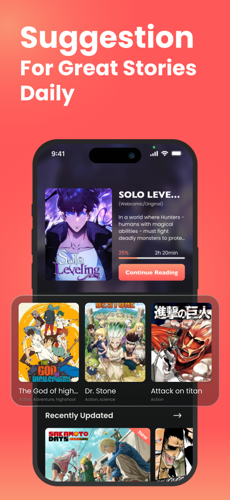 Manga Reader: Daily Update Now - Interface of the Manga Reader app showing daily story suggestions and reading progress for Solo Leveling