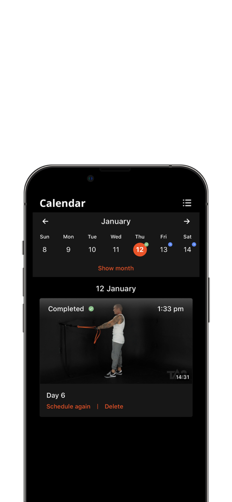 Undersun Fitness - Undersun Fitness app calendar showing a completed resistance band workout session.