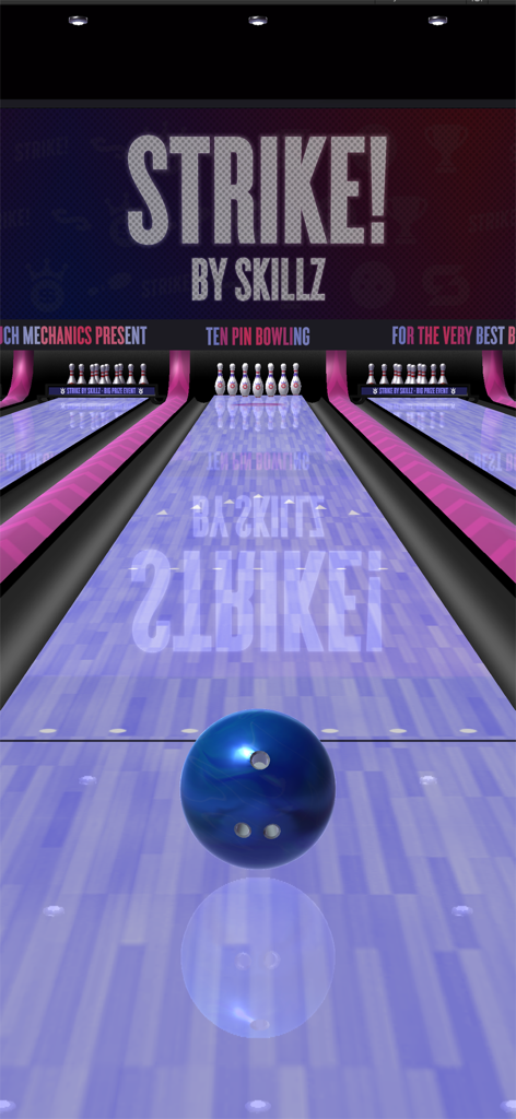 Strike! By Skillz Pro Bowling - Una bola de bolos azul en una pista de bolos profesional de diez pin en el juego móvil Strike By Skillz.