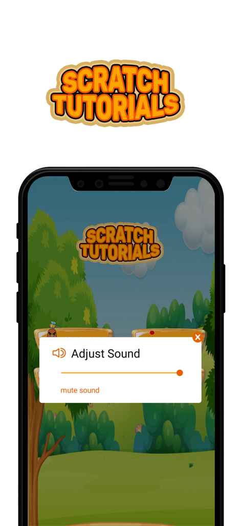 Scratch Tutorials ! - 만화 숲 배경이 특징인 Scratch Tutorials 앱 홈 화면의 사운드 조정 팝업입니다.