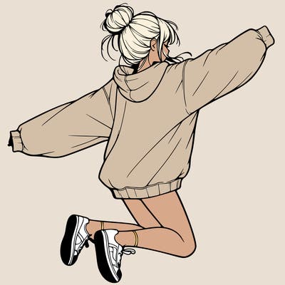 realistic girl jumping with a bun and oversized sweatshirt