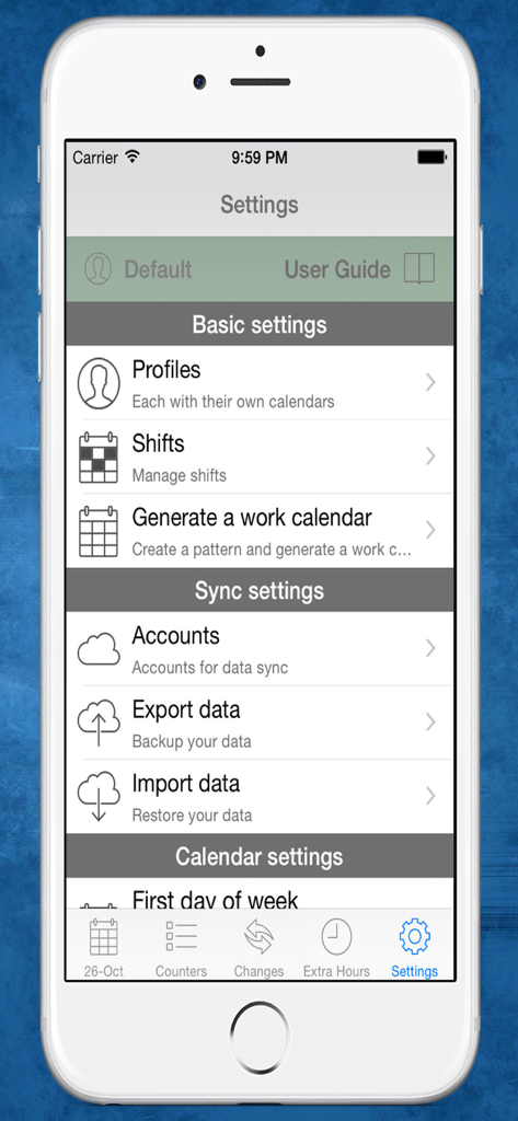 Shift Cal - CuadraTurnos PRO - Settings screen of the Shift Cal PRO app showing shift and profile management options.