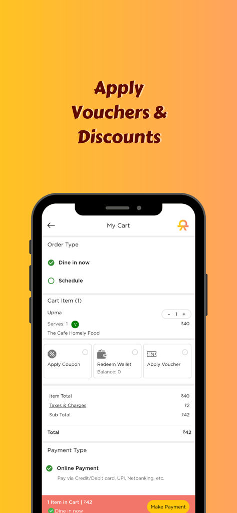 CloudKitch Food@Work - CloudKitch Food at Work app interface showing the cart page with options to apply coupons and vouchers