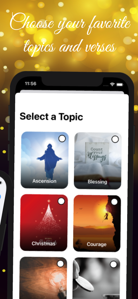 A mobile app screen titled Select a Topic showing various categories for bible verses like Ascension Blessing Christmas and Courage with inspirational background images