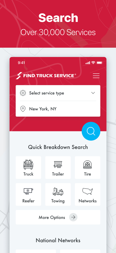 Tela do aplicativo móvel Find Truck Service mostrando opções para serviços de avaria de caminhões, reboques, pneus e reboque