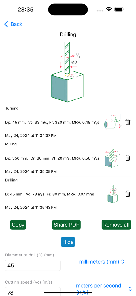 Material Removal Rate - Interface of the Material Removal Rate app showing drilling calculation history and machine inputs.