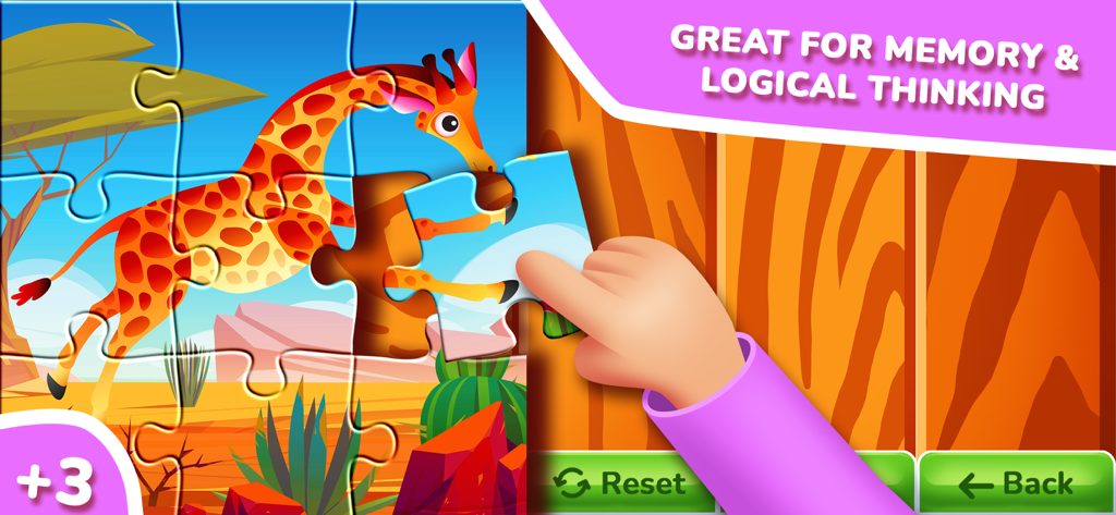 QUOKKA: Toddlers' Puzzle Games - Un enfant résolvant un puzzle de girafe dans le jeu éducatif Quokka pour tout-petits