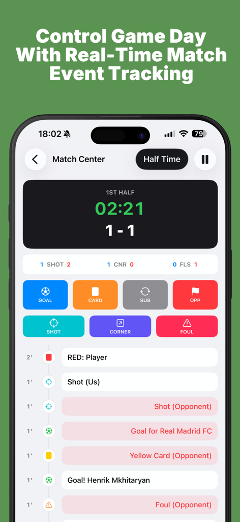 Elite Soccer Lineup - Tactico - Interfaz de aplicación móvil que muestra seguimiento de partidos de fútbol en tiempo real con resultados y línea de tiempo de eventos.